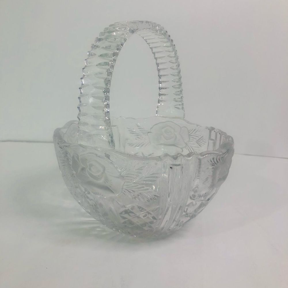 Vintage Clear glass basket with frosted roses and handle 80s classic spring